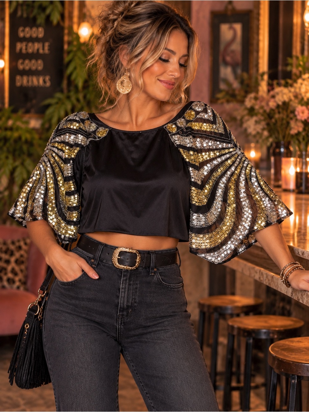 Vintage women’s upcycled butterfly sequin 80s shoulder shirt xl